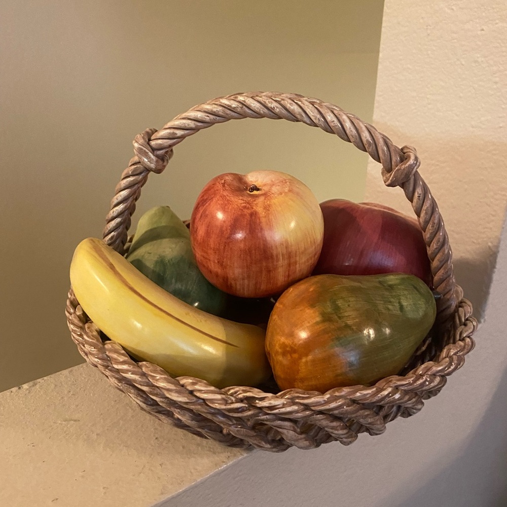 Braided Fruit Basket with Assorted Attached Fruits. Ceramic? Made in Italy.